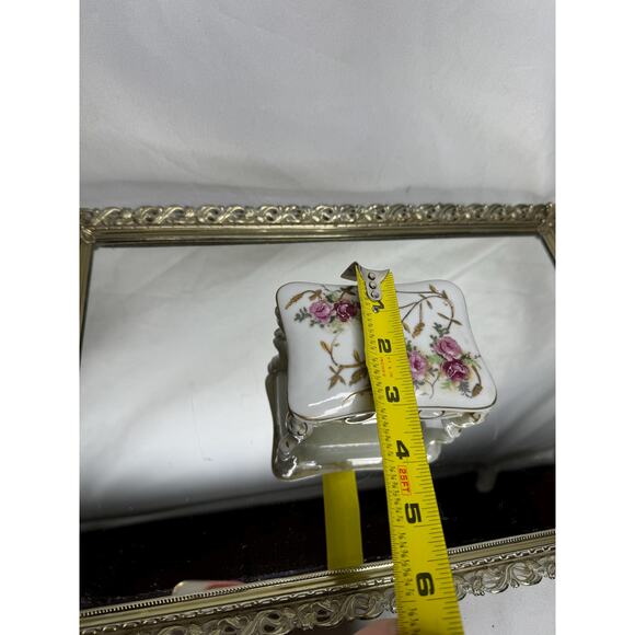 Vtg Arnart Creations Lidded Footed Trinket Dish w/ Gold Trim and Rose Transfer - Picture 8 of 8